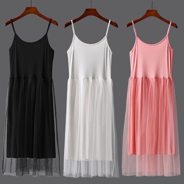 網紗拼接吊帶裙女夏薄款莫代爾連衣裙無袖打底裙春秋顯瘦內搭長裙