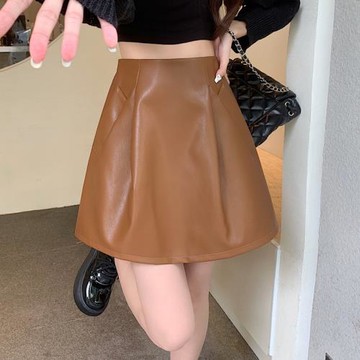 pu皮裙半身裙女秋季大碼高腰A字花苞裙法式復古遮胯蓬蓬短裙傘裙