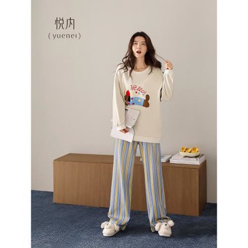 悅內睡衣女士春秋季秋款純棉長袖家居服可愛卡通狗休閑可外穿出門