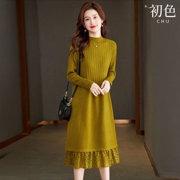 初色 日系簡約麻花紋拼接蕾絲半高領長袖修身A字針織中長連衣裙連身洋裝長洋裝-共4色-17518(M-2XL可選)