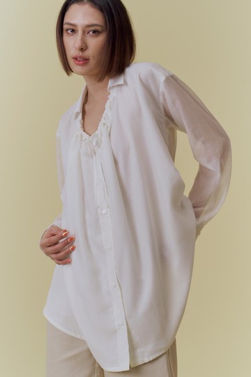 白薄棉領抽皺長版襯衫