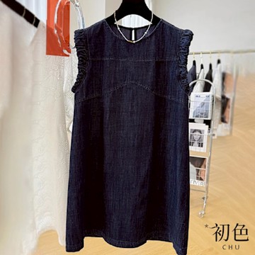 初色 純色圓領荷葉邊無袖牛仔背心裙連身裙長裙連衣洋裝-藏青色-12002(M-2XL可選)