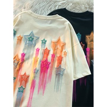 Deschpe日系復古簡約彩色發泡印花短袖T恤女寬松學生情侶體恤半袖