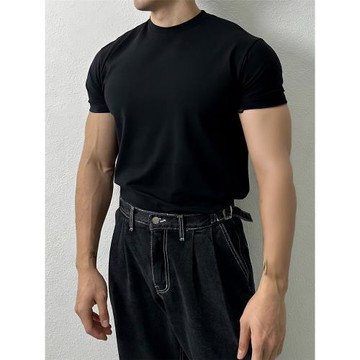 黑色圓領健身顯肌肉短袖t恤男夏季美式休閑薄款透氣上衣硬漢體恤