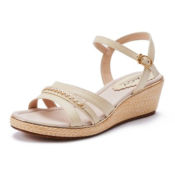 MAGY 珍珠鍊飾羊皮楔型厚底涼鞋 黃色 #14061