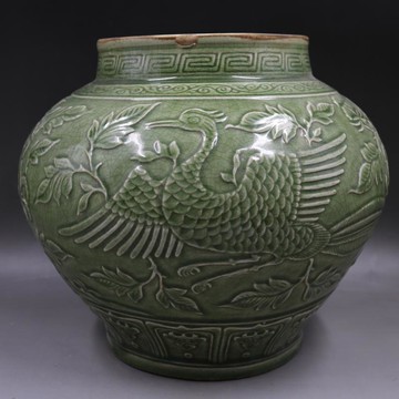 明龍泉窯浮雕刻穿花鳳紋大罐仿古老貨家居裝飾瓷器古董古玩收藏1入