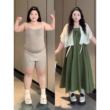 (免運)夏季搭配一整套大碼胖mm新中式國風吊帶連衣裙兩件套梨型身材穿搭