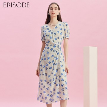 EPISODE - 輕柔舒適蠶絲收腰印花短袖長洋裝E43729