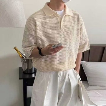 POLO衫 簍空 洞洞 短袖 針織 衣服 上衣 重磅 寬鬆 落肩 舒適 情侶 男女 百搭 春夏 休閒 韓國 Y2108