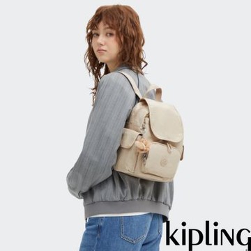 『猴子包』Kipling (網路獨家款)亮米色拉鍊掀蓋後背包-CITY PACK MINI
