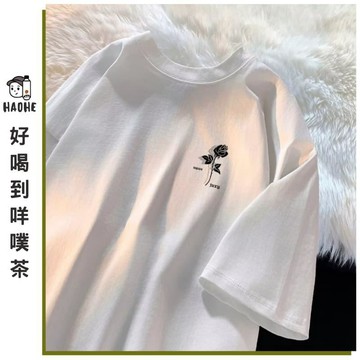 厚磅純棉短T男 日系休閒上衣 字母印花T恤 Oversize落肩款 情侶款夏裝 復古風格 圓領短袖 復古氛圍感 印花短T