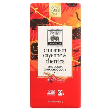 Endangered Species Chocolate, 黑巧克力棒，肉桂辣椒和櫻桃味，60% 可可，3 盎司（85 克）