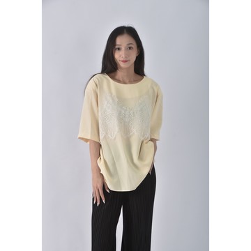 (L) flicka韓牌蕾絲浮紋黃色短袖上衣二手衣