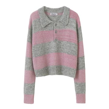 圓領短款長袖羊駝毛混紡條紋翻領毛衣女秋寬松針織短款上衣