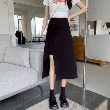 黑色不規則開叉半身裙女 中長裙 氣質高腰顯瘦中長款A字裙子 前開叉長裙 西裝裙 女裝 女生裙子
