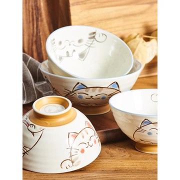 日本進口美濃燒陶瓷日式釉下彩可愛卡通幸福貓飯碗湯碗情侶夫妻