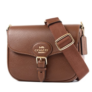 COACH Ameila 鵝卵石皮革翻蓋磁釦斜背包-咖啡色