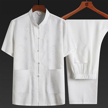 【米蘭精品】唐裝套裝短袖漢服-印花中老年寬鬆長褲男裝3色74fo14