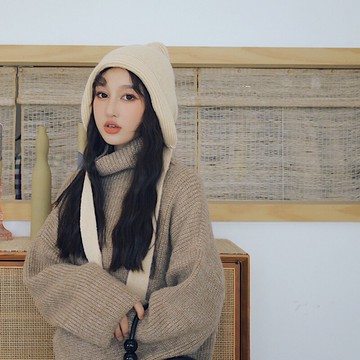 秋天毛線針織帽女秋冬青年學生系帶帽子飄帶韓版日系時尚大頭圍潮1入