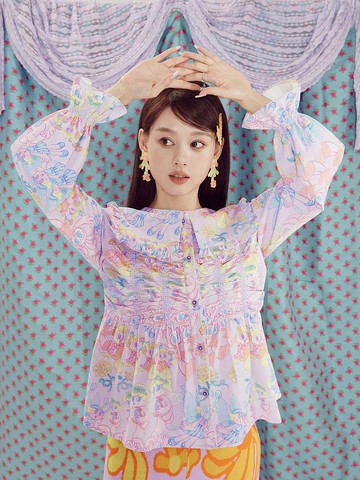 紫色橙色天使可愛卡通荷葉邊印花打攬襯衫襯衣