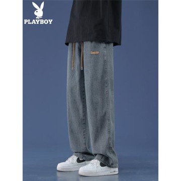 花花公子旗艦官網復古做舊牛仔褲男士夏季直筒寬松潮牌休閑長褲子