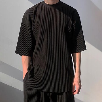 [HYC] 韓國 皺摺 三宅 日系 寬鬆 條紋 垂墜感 韓版 短袖 慵懶風 男女 情侶  質感 短TEE 上衣