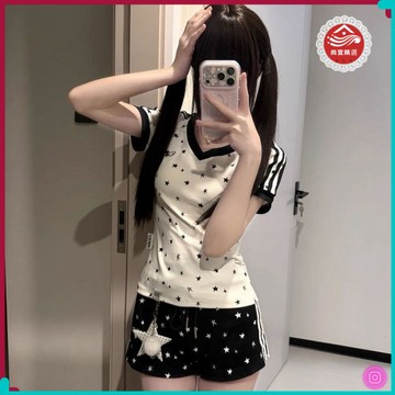 🎀新款上市🎀美式y2k辣妹滿印星星v領短袖t恤女夏季修身顯瘦撞色拚接短款上衣 WCHY