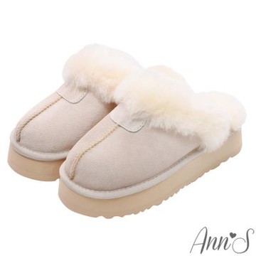 Ann’S防潑水鍍膜-真皮真羊毛厚底穆勒雪靴5cm-米(版型偏小)