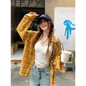 美式復古黃色格子襯衣外套女春季慵懶風寬松休閑防曬格紋襯衫上衣