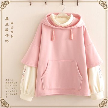 加絨加厚衛衣女秋冬季寬松高領假兩件上衣初中高中學生帶帽外套潮