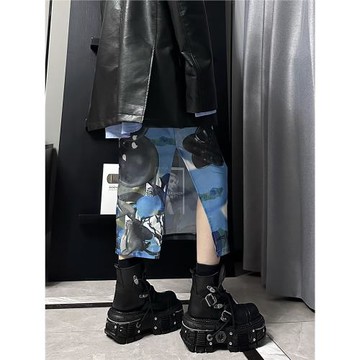 5折*原創疊穿朋克松緊腰迷幻印花開衩網紗半身裙