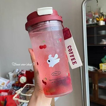 水杯 水瓶 小紅書櫻桃小狗夏季水杯女生高顏值吸管杯便攜式可愛學生塑料杯子