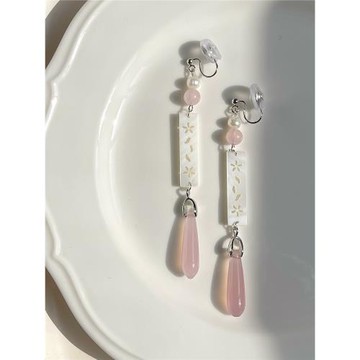 原創設計天然貝殼瑪瑙水滴925銀耳環耳夾櫻花無耳洞清透新中式女