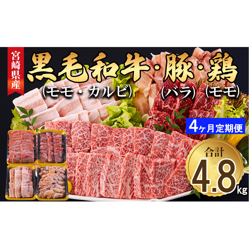  宮崎県産 焼肉 セット 黒毛和牛 モモ カルビ 豚バラ 若鶏 モモ 合計4.8kg 各300g 小分け 冷凍 送料無料 国産 BBQ バーベキュー キャンプ 普段使い 炒め物 丼 カ