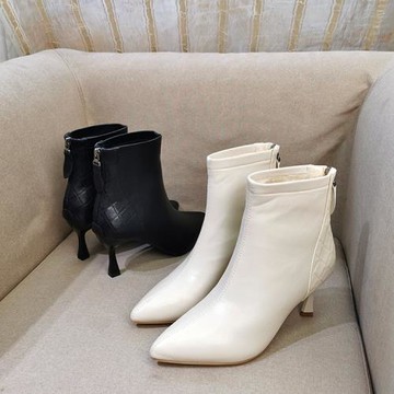 女2022年新款高跟鞋秋冬季加絨尖頭軟皮細跟短靴氣質瘦瘦及踝靴子