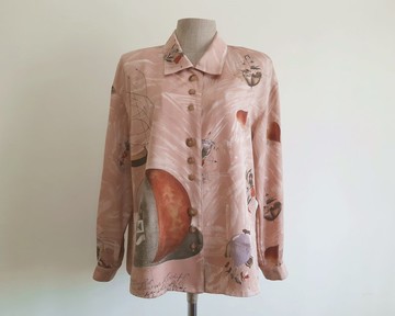 復古棕色趣味印花襯衫 女款長袖鈕釦襯衫 L 尺碼