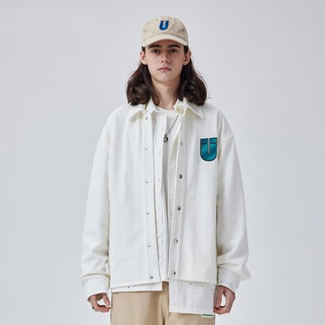 男士白色棉麻布夾克 情侶立體紋路外套