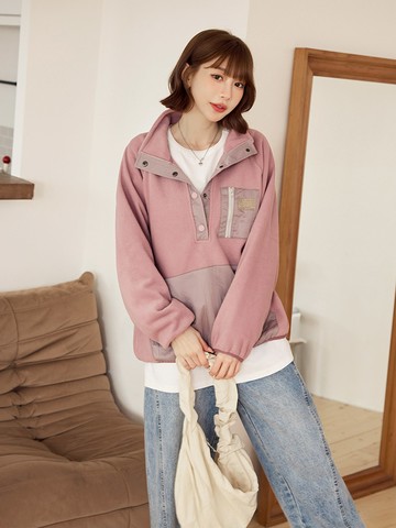 異材質配色拼接立領長袖上衣