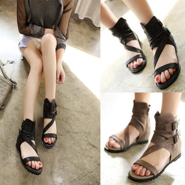 夏季羅馬內增高皮帶扣露趾涼鞋女高幫平底舒適休閑女鞋坡跟復古鞋