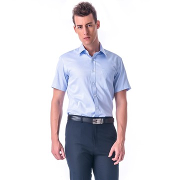 金安德森 藍色細格紋窄版短袖襯衫