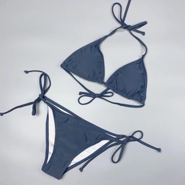 Amber外單純色掛脖系帶比基尼性感分體泳衣女士綁帶三點式帶胸墊