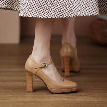 修悅33小碼女鞋防水臺高跟鞋女粗跟杏色真皮一字扣帶淺口職業單鞋
