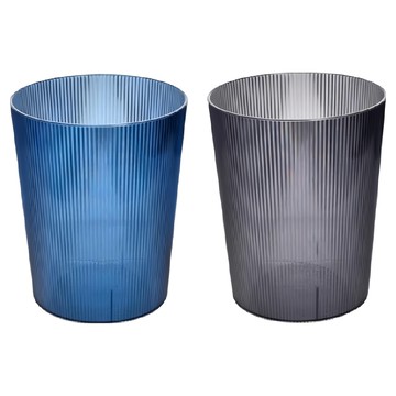 Life+ 北歐現代輕奢立體條紋透明圓形無蓋垃圾桶2件組 12L  晶透黑 + 晶透藍  1層