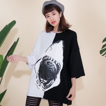 古著 大白鯊黑白拼色長版上衣