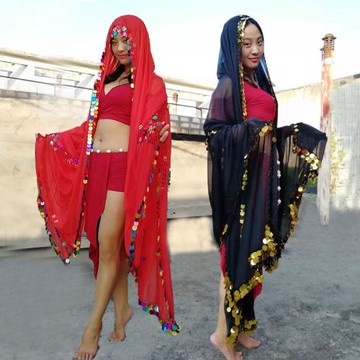 新款肚皮舞表演配飾練習功頭紗Malaya紗巾彩色亮片大紗巾拋紗拋巾