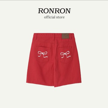 [RONRON] Back Pocket Ribbon Denim Half Pants 牛仔短褲 /紅色 韓國官方直送