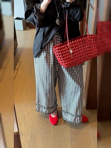 韓系木耳邊直筒格紋褲夏季薄款女寬鬆薄款九分高腰小個子休閒褲子