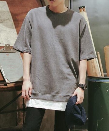 FINDSENSE 品牌 時尚休閒 男士 寬鬆 假兩件 短袖T恤 素面T