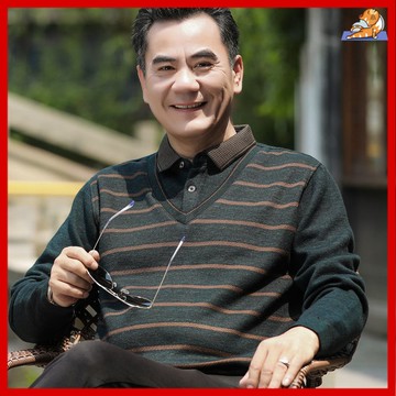 🔥【中老年男裝衣服】爸爸上衣衣服 假兩件上衣 秋冬上衣 春秋中老年爸爸毛衣衬衫领男士假两件针织打底衫宽松秋冬外251