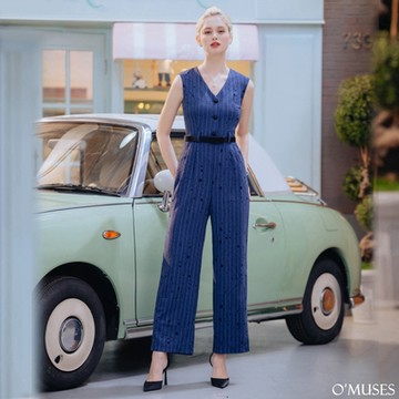 OMUSES V領條紋燙鑽洞洞藍色連身褲